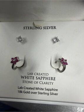 Macy's Sterling Silver Hoop Earrings with Pink Flower Accents and White Studs